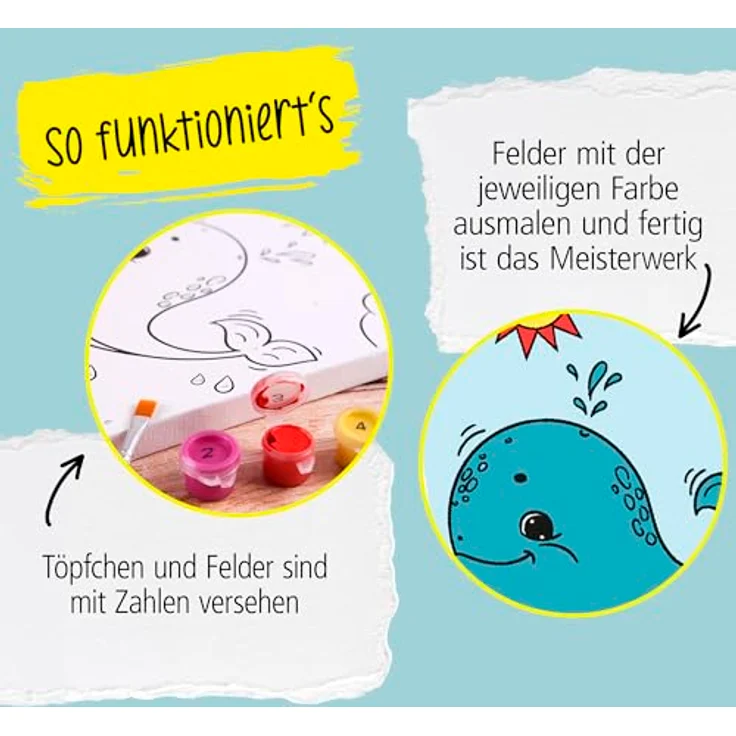 Online Pen Malen nach Zahlen Leinwand-Malen für Kinder (mit Farbtöpfchen & Pinsel), Motiv Wal, 19x29 cm – Bild 4