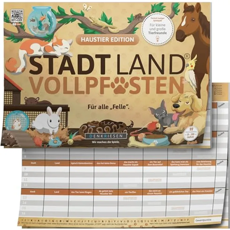 Denkriesen Stadt Land Vollpfosten® Haustier Edition "Für alle Felle.", Familienspiel, A4 Spielblock, Made in Germany