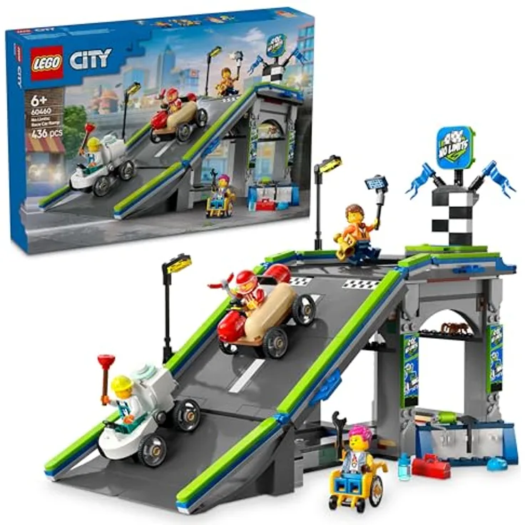 LEGO City 60460 Keine Limits: Seifenkistenrennen mit Rampe Bausatz, inklusive 2 Seifenkisten (Hotdog und Toilette) und 4 Minifiguren, Mehrfarbig