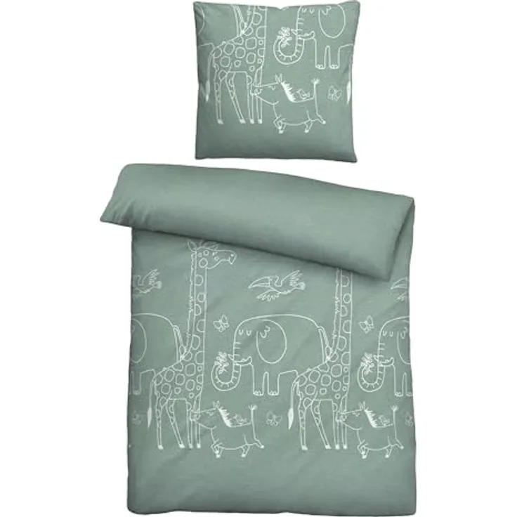 biberna Melange-Flanell Bettwäsche 0840520 Tiere, 100% Baumwolle, Made in Germany, fichte
