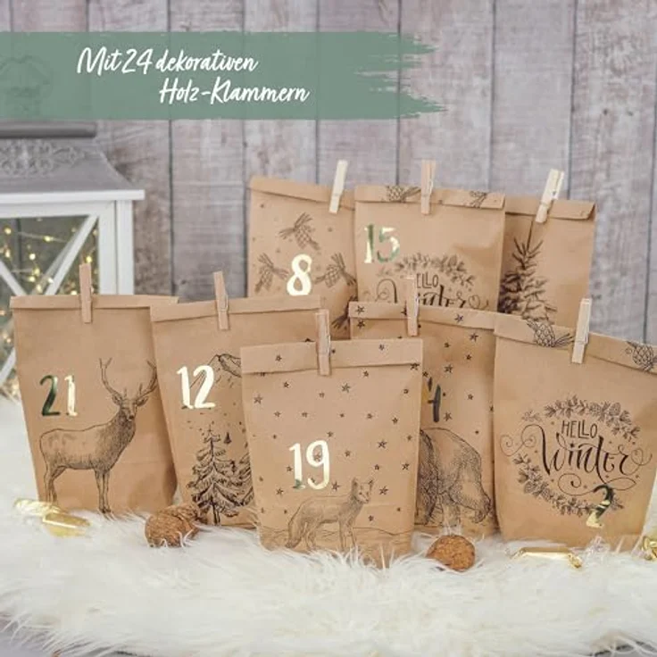 PAPIERDRACHEN Adventskalender zum Befüllen - 24 Bedruckte Geschenktüten und 24 Zahlenaufkleber und Klammern - Motiv Cozy Winter schwarz - zum Basteln und Verschenken - Weihnachten - Preisvergleich – Bild 2