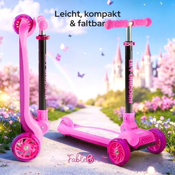 FableKids Kinderscooter LILY UNICORN, pinker Cityroller mit LED-Rädern, für Kinder ab 3 Jahren bis 50 kg, höhenverstellbar und klappbar – Bild 4