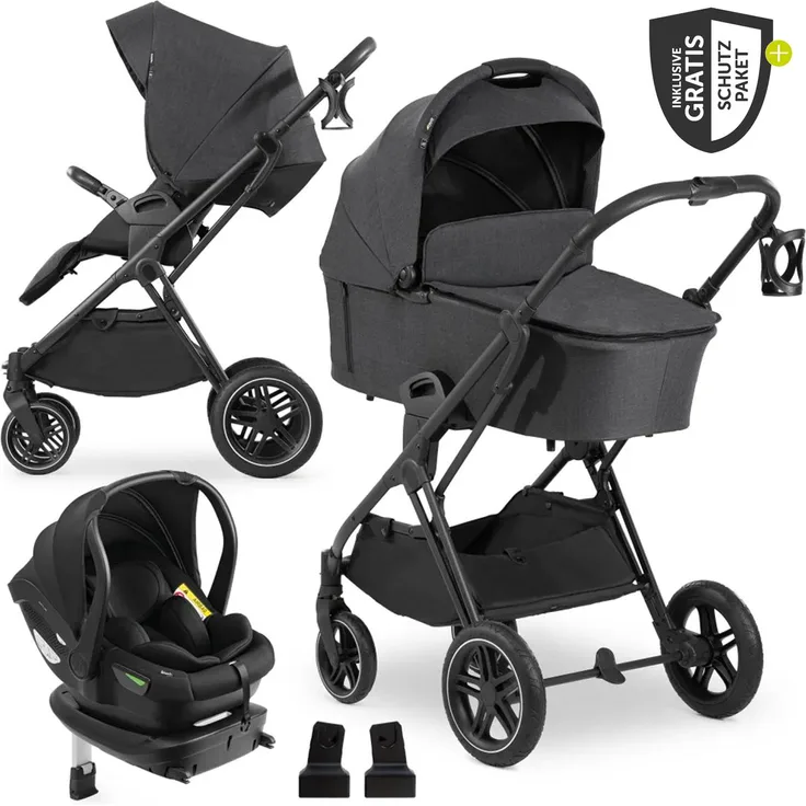 Hauck Vision X 4in1 Kinderwagen-Set, inkl. i-Size Babyschale & Isofix Base, Melange Black, mit XXL Zubehörset und gratis Mobilitätsgarantie