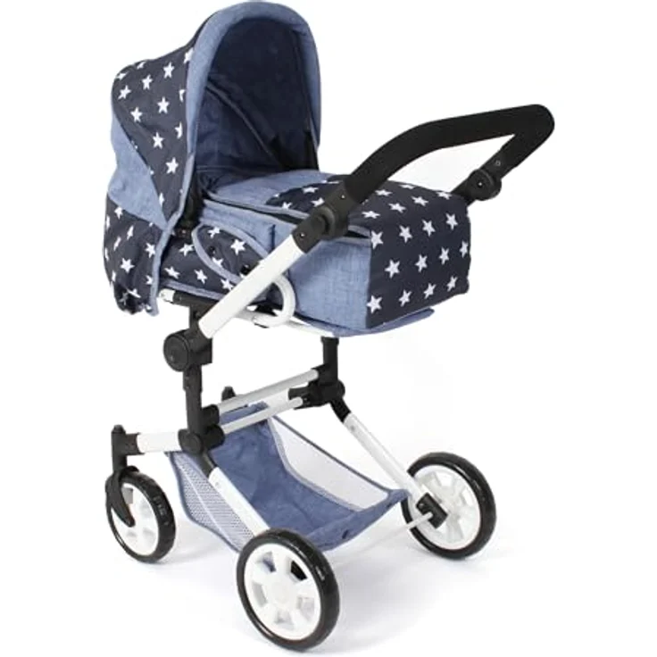 Bayer Chic 2000 - Puppenwagen Jara, 2in1 Kombipuppenwagen für Kinder von 4 bis 8 Jahren, Sternchen navy, höhenverstellbarer Schiebegriff, schwenkbarer Schieber, herausnehmbare Tragetasche – Bild 1