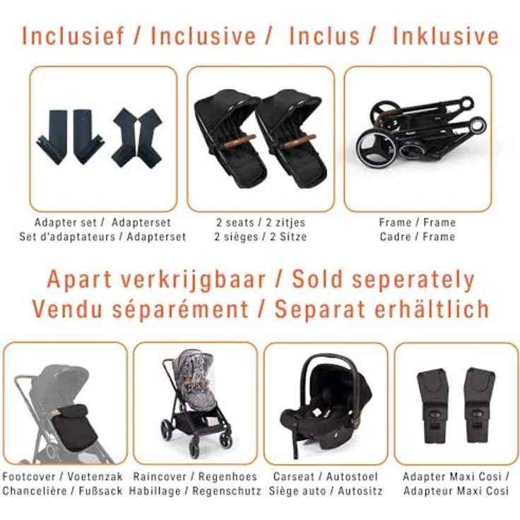 Baninni Geschwister Kinderwagen Luiz - Zwillingswagen mit Umbaubaren Sitzen in Babywanne, Schwarz – Bild 4