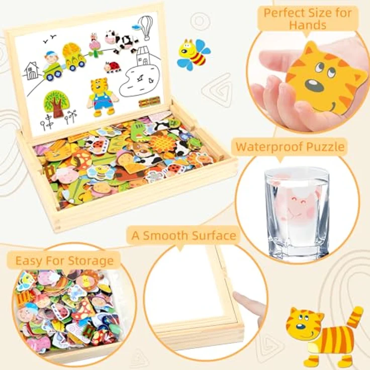 COOLJOY Magnetisches Holzpuzzle mit Doppelseitiger Tafel, Flyfun Holzspielzeug Puzzles Kinder 3 Jahre, Pädagogische Lernspiel 100 Bunten Teile, Kreativ Geschenk für Kinder (Farmmuster) – Bild 4