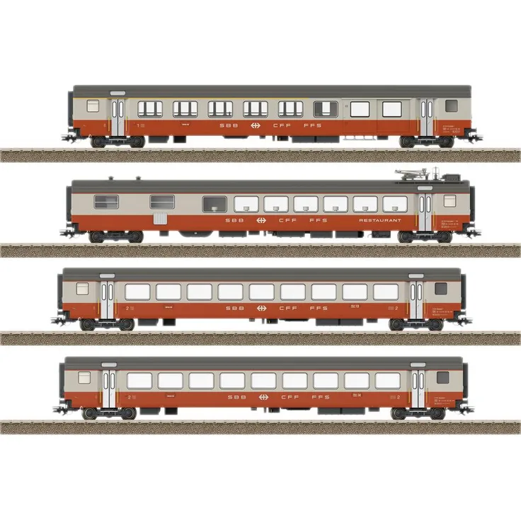 TRIX H0 23690 H0 4er-Set Personenwagen Swiss Express, Kieselgrau/Blutorange, mit LED-Innenbeleuchtung und detailgetreuem Design