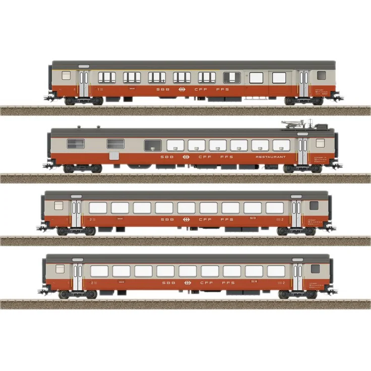 TRIX H0 23690 H0 4er-Set Personenwagen Swiss Express, Kieselgrau/Blutorange, mit LED-Innenbeleuchtung und detailgetreuem Design