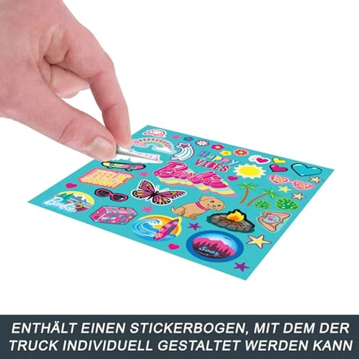 HOT WHEELS Barbie Ferngesteuerter SUV mit Aufklebern, kann 2 Barbie-Puppen plus Zubehör aufnehmen, individuelle Gestaltung durch aufklebbare Sticker, HTP53 – Bild 5