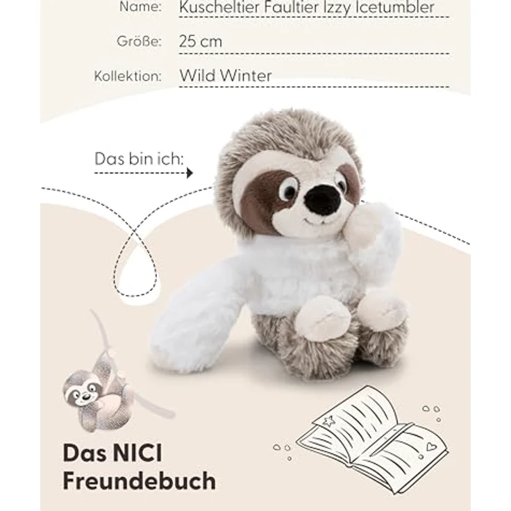 NICI Kuscheltier Izzy Icetumbler, 25cm Faultier in Beige, weiches Plüschtier aus recyceltem Material, ideal zum Kuscheln und Spielen, tolle Geschenkidee für Kinder und Erwachsene - 62417 – Bild 4