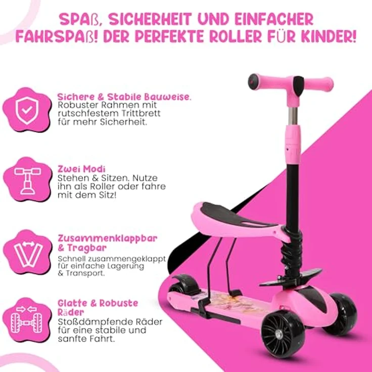 Habib Gruppe 3-in-1 Kinderroller mit Sitz, Dreirad Tretroller, Faltbar, Höhenverstellbar, LED Räder, Pink, für Kinder ab 3 Jahren (bis 50kg) – Bild 5