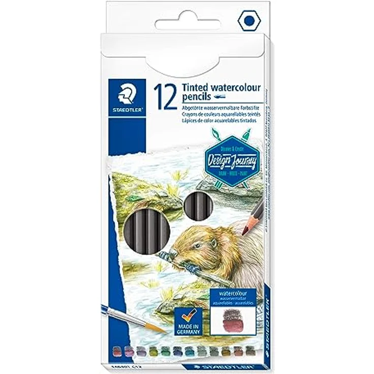 STAEDTLER Design Journey abgetönte wasservermalbare Stifte 146, klassisches Sechskantformat, weiche und intensive Mine, 12 Aquarellfarben im Kartonetui, 14610T C12 – Bild 1