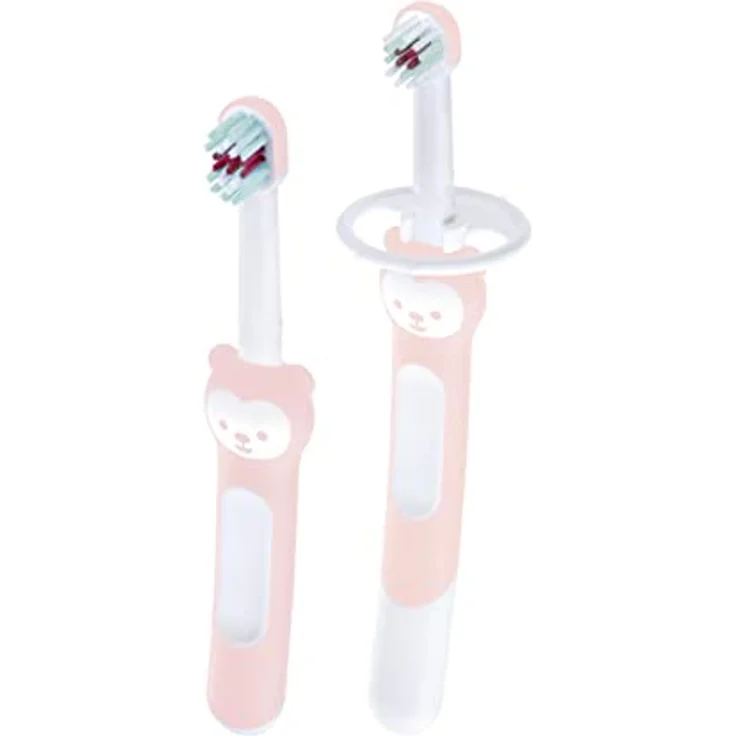 MAM Learn to Brush Set, Baby Zahnbürste mit langem Griff zum gemeinsamen Halten, Kinderzahnbürste trainiert das Zähneputzen, ab 5+ Monate, rosa – Bild 1