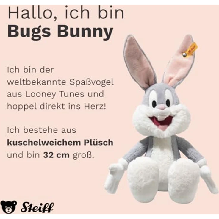 Steiff Kuscheltier Bugs Bunny, Plüschtier 32 cm aus grauem Plüsch, waschbar bei 30 °C – Bild 2