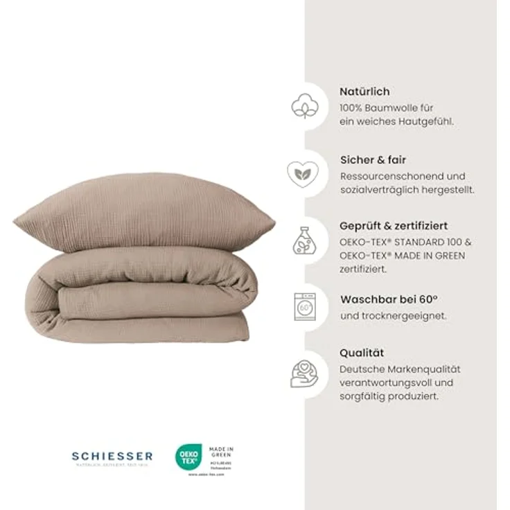 Schiesser Bettwäscheset Molly | 2-teilig | Musselin | 100% Baumwolle | Oeko-Tex Zertifiziert | Reißverschluss | Taupe – Bild 2