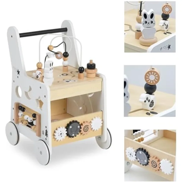 Moni Lauflernwagen W16E248, Holzspielzeug mit Zahnrädern, Abakus und multifunktionalen Spielmöglichkeiten für motorische Entwicklung, bunt