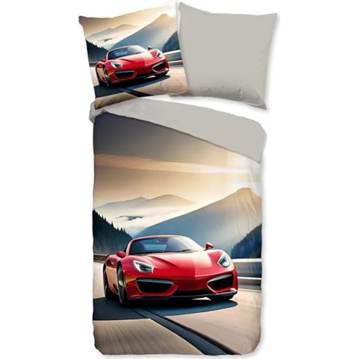 Good Morning Kinder-Wendebettwäsche Cabrio Renforcé, rot, 135x200 cm mit Motiv und Marken-Reißverschluss, 100% Baumwolle – Bild 1