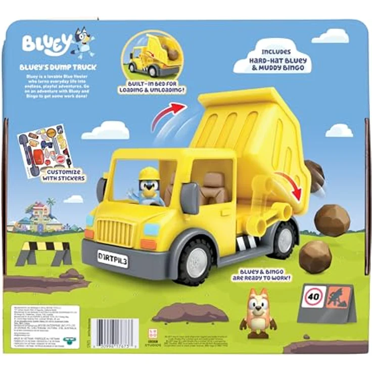 Bluey Exklusiver Tipvogn mit beweglichen Figuren Bluey und Bingo, interaktive Ladefunktion, inklusive Stickerblatt – Bild 4