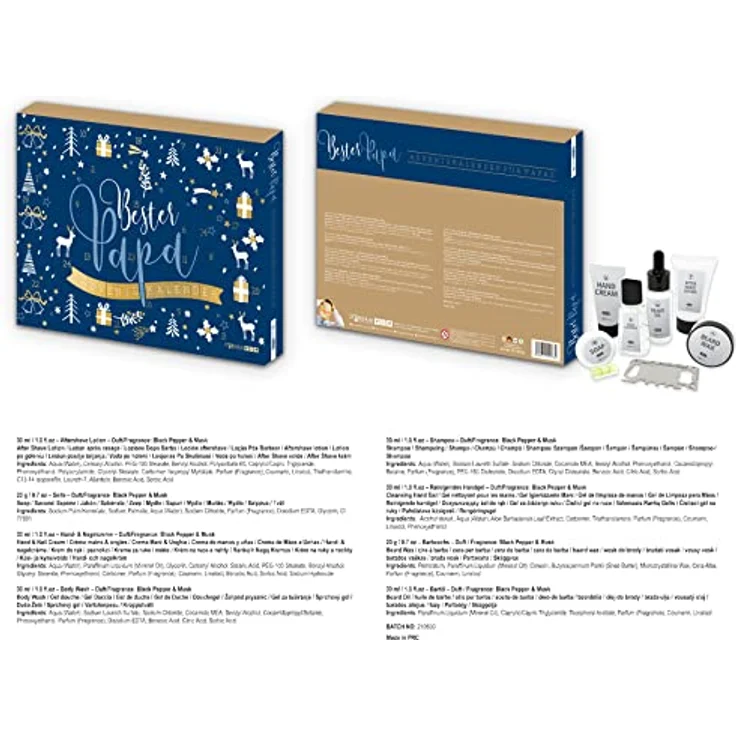 itenga Adventskalender Bester Papa blau gold gefüllt mit 24 Überraschungen z.B. Aftershave Lotion, Duschgel, Mini Wasserwaage perfekter Begleiter während der Vorweihnachtszeit für Männer – Bild 4