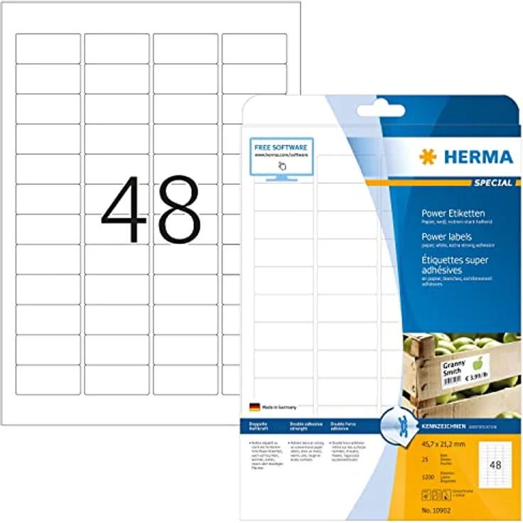 HERMA Power-Etiketten 10902, selbstklebend, weiß, 1.200 Stück, 45,7 x 21,2 mm, FSC-zertifiziert – Bild 1