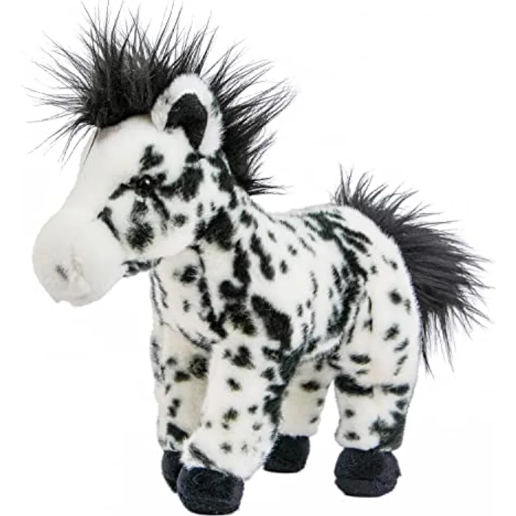 Teddys Rothenburg Pferd weiß gescheckt 30 cm stehend Kuscheltier Uni-Toys, schwarz/weiß Fell, schwarz Mähne und Schweif
