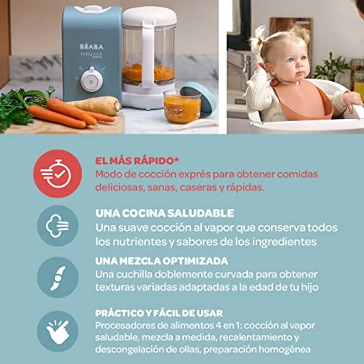 BEABA, Babycook Express, 4 in 1 Babynahrungszubereiter, schnelles Kochen: weniger als 15 Min., Mixen, schonendes und gesundes Dampfgaren, Auftauen, Aufwärmen, Kapazität 1250 ml, Baltikblau – Bild 4