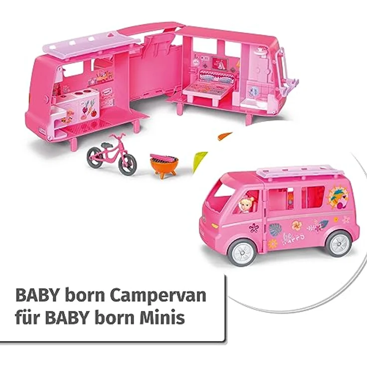 BABY born, Puppenfahrzeug, Wohnwagen für Puppen, BABY born Minis - Campervan, Wohnmobil, aufklappbarer Wohnwagen für BABY born Minis Puppen mit 6 Zubehörteilen und Puppe, 906095, Zapf Creation – Bild 2