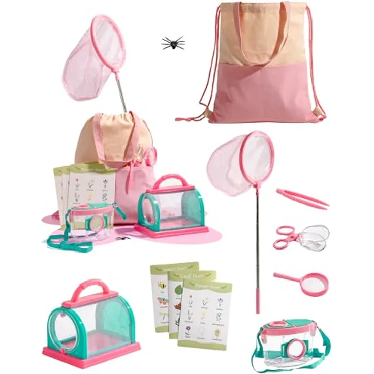 ROBOTIME Insektenfänger & Kinder-Entdecker-Set, 8-in-1 Outdoor-Forscherset mit Lupe, Insektenbeobachter, Tragetasche, pink, für Jungen und Mädchen 3-12 Jahre