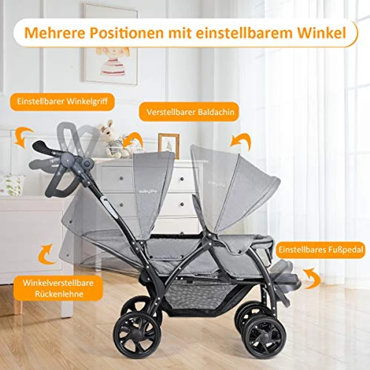 GOPLUS Geschwisterwagen Zwillingswagen, Kinderbuggy Klappbar, Buggy Zwilinge, Kinderwagen Babybuggy, Babywagen Grau, für Babys ab 6 Monate – Bild 7