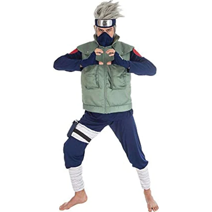 Chaks Naruto Kakashi-Kostüm für Herren grün-blau - Blau, Lizenz-Verkleidung mit Weste, Hose, Halstuch und Stirnband – Bild 1