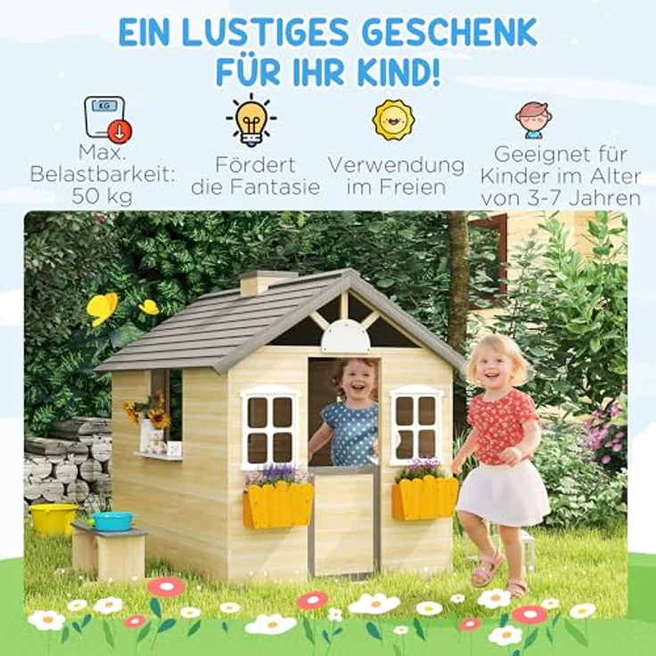 Outsunny Spielhaus aus Holz, Kinderspielhaus mit Tür, Fenster, Briefkasten und Blumentopfrack, für Jungen und Mädchen 3-7 Jahre, Indoor & Outdoor Natur സ്വാഗത – Bild 3