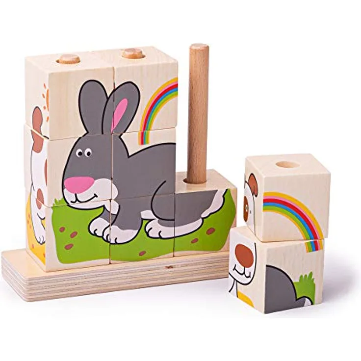 Bigjigs Wooden Block Puzzle Pets, 10-teiliges Holzpuzzle mit Katzen-, Hund-, Hamster- und Kaninchenmotiven, geeignet für Kinder ab 12 Monaten