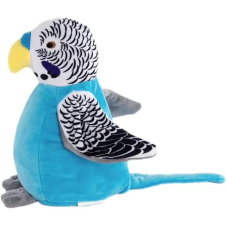 Idena 40359 Plappertier Wellensittich, blauer Plüschvogel, spricht nach und bewegt Flügel, 18 cm, batteriebetrieben – Bild 3