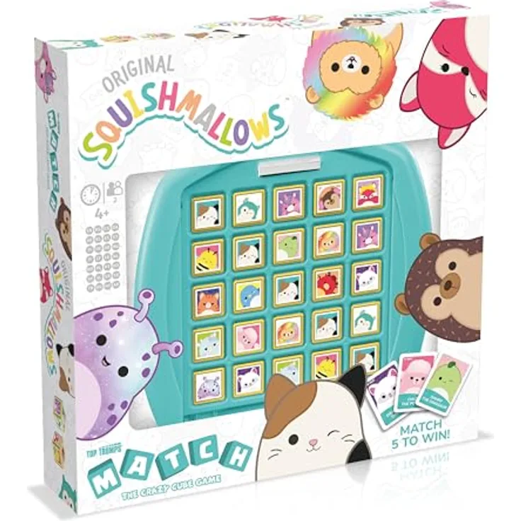 Top Trumps Match Squishmallows Brettspiel, Match 5 Lola The Unicorn, Daxxon The Alien oder Cam The Cat in a Row to Win, Perfect for travel, Gift for Ages 4 Plus, Praktischer Kunststoffkoffer, 15 Lieblingscharaktere