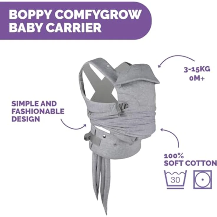 Chicco Boppy Comfygrow Babytrage, ergonomische Bauchtrage für Babys 3,5 - 15 kg, grau, waschbar – Bild 3