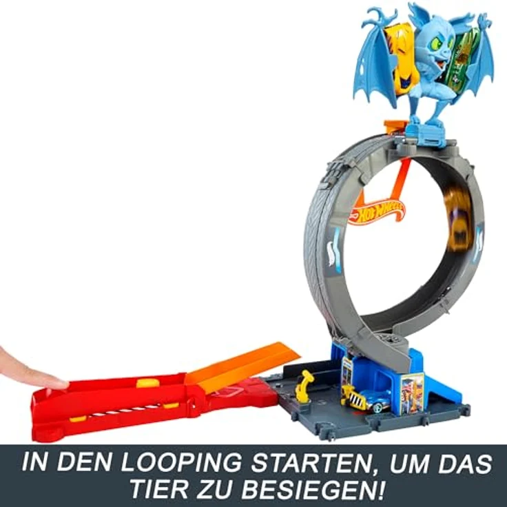 Hot Wheels City Nemesis Bat vs Tire Shop, Rennbahn-Set mit Looping und 1:64 Fahrzeug, erweiterbar – Bild 5