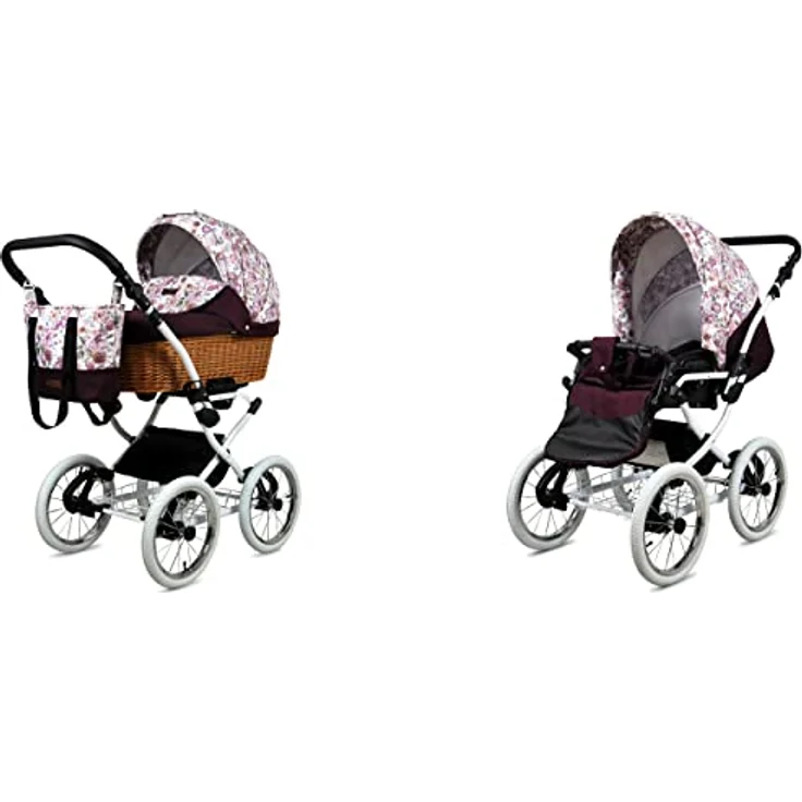 BabyLux ALU 2in1 Kinderwagen Maroon Flowers White Frame - Verstellbar, elegant, sicher und nutzungsfreundlich – Bild 1