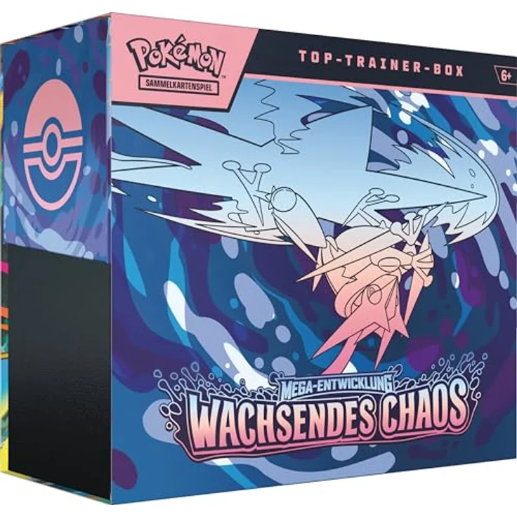 Pokémon Top-Trainer-Box Mega-Entwicklung – Wachsendes Chaos, 1 holografische Vollbild-Promokarte, 9 Boosterpacks, 40 Energiekarten und Premium-Zubehör – Bild 1