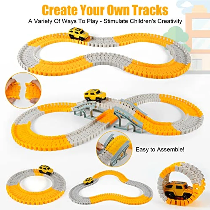 kizplays 260pcs Autorennbahn Rennbahn 6 Cars Bagger Spielzeug ab Spielzeugautos Autobahn ab 3 4 5 6 Jahre Junge Mädchen,Flexible Track Kran Spiele , Elektroauto Cars Autorennbahn für Kinder Geschenk – Bild 4