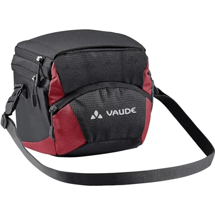 VAUDE Ontour Box M (Klickfix Ready), Einheitsgröße, Black/Carmine, Fahrradlenkertasche mit 4 l Volumen und integrierter Regenhülle