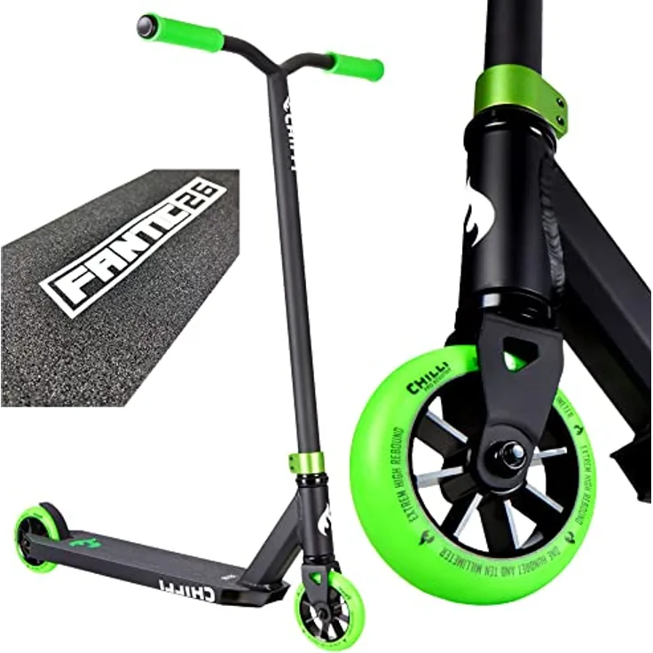 Chilli Pro Scooter Stunt-Scooter H=82cm Trick Tret Roller schwarz Grün + Fantic26 Sticker + Griptape, ab 7-11 Jahren, 110mm Kugellager ABEC 9