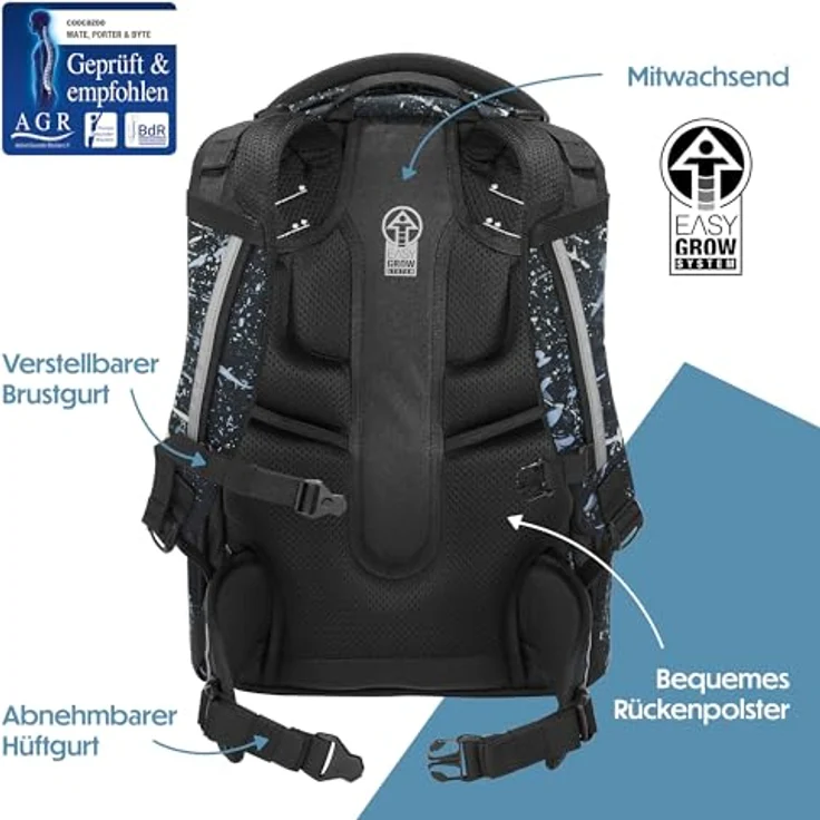 Coocazoo MATE Schulrucksack „Reflective Splash”, schwarz-grau, reflektierend, ergonomisch, höhenverstellbar, mit Brust- und Hüftgurt, 30 Liter, ab der 3. Klasse – Bild 4