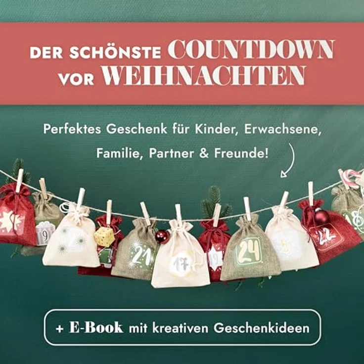 AMARI ® Adventskalender zum Befüllen Stoff - 24 Jutesäckchen (mit Holzklammern und Kordel) zum Basteln für Weihnachten - Stoffbeutel Adventskalender wiederverwendbar – Bild 3