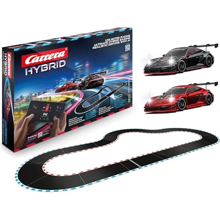 Carrera HYBRID Devil Drivers, Rennspaß der neuen Generation, Legendäre Rennboliden Porsche 911 GT3 R im Maßstab 1:50, Hybrid Technologie mit KIIUnterstützung, Steuerung per SmartphoneIApp, "Speedway to Hell" Set