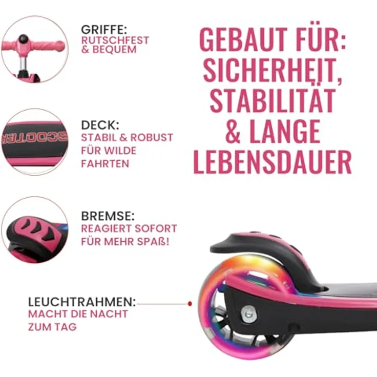 Habib Gruppe Kinderroller LED Leuchträder, 3 Rad Tretroller, klappbar, höhenverstellbar (65-95 cm), bis 50 kg, pink, für Mädchen & Jungen, 3-12 Jahre – Bild 2