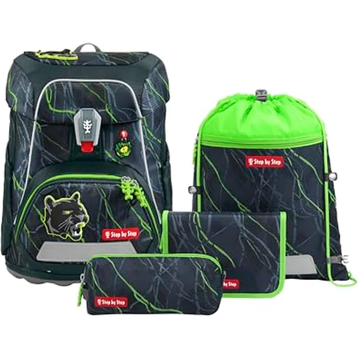 Step by Step Schulranzen-Set FIT „Danger Cat Chiko“, 5-teilig, grau-grün, ergonomischer Tornister mit Reflektoren, höhenverstellbar, Hüftgurt, für Jungen ab der 1. Klasse, 19L – Bild 1