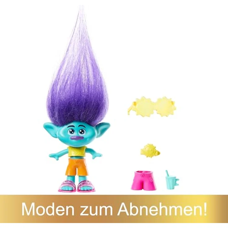 DREAMWORKS TROLLS Gemeinsam Stark – Haarige Überraschungen Branch Puppe mit leuchtendem, plüschigem Haar und 3 Überraschungszubehörteilen, abnehmbare Kleidung, für Kinder ab 3 Jahren, HNF12 – Bild 4