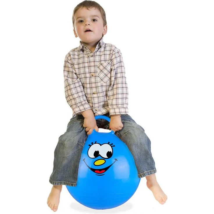 relaxdays Hüpfball für Kinder, blau, mit rundem Griff und fröhlichem Design, 55 cm Durchmesser, max. Traglast 150 kg