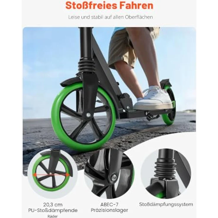 VEVOR Scooter, Cityroller für Kinder ab 8 Jahren, höhenverstellbarer Lenker, rutschfestes Deck, faltbar, Schwarz + Grün, bis 100 kg – Bild 3