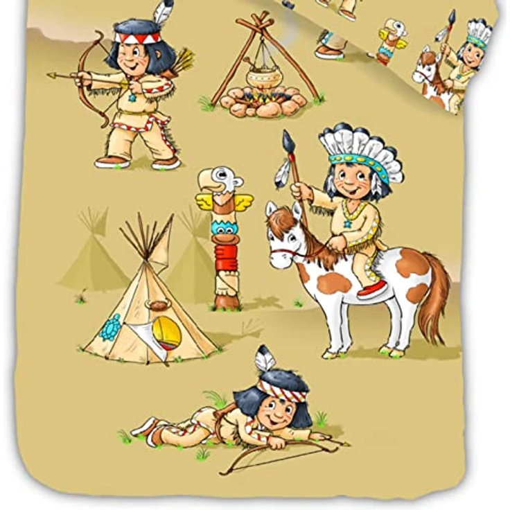 ESPiCO Bettwäsche Sleep and Dream Indianer Federn Wigwam Marterpfahl Lagerfeuer Pfeil Bogen Bison Renforcé, 135x200 cm, 100% Baumwolle, hochwertiger Digitaldruck, Indianer-Motive, atmungsaktiv – Bild 4
